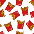 Crispy french fries seamless pattern with red paper boxes of fried potato. Vector Illustration Isolated On a White Royalty Free Stock Photo