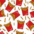 Crispy french fries seamless pattern with red paper boxes of fried potato. Vector Illustration Isolated On a White Royalty Free Stock Photo