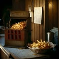 Crispy French fries in a street food stall. Toned