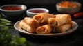 Crispy and Fresh Chinese Spring Rolls on Dark Background Perfect Appetizer. Generative AI food photography Royalty Free Stock Photo