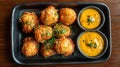 Crispy fried appetizers, dipping sauce, wood table, restaurant menu Royalty Free Stock Photo