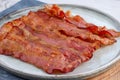 Crispy fried bacon in a cast iron pan on a gray background Royalty Free Stock Photo