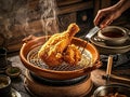 Crispy fried chicken being pulled out of hot oil Royalty Free Stock Photo