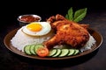 Crispy fried chicken leg with rice and fried egg on wooden background, Nasi Lemak. Generative AI Royalty Free Stock Photo