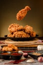 Crispy fried chicken plate. Delicious homemade crispy fried chicken. Crunchy Fried Chicken Ready To Eat.