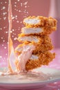 Crispy Fried Chicken Stack With A Splash Of Creamy Sauce On A Plate, Delicious Fast Food Concept