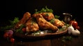 Crispy fried chicken wings. Culinary photo, dark background