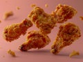Crispy Fried Chicken Wings Floating on a Pink Background with Dynamic Crumbs and Breadcrumbs Royalty Free Stock Photo