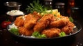 Crispy fried chicken wings with herbs on wooden table Royalty Free Stock Photo