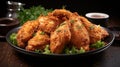 Crispy fried chicken wings with herbs on wooden table Royalty Free Stock Photo