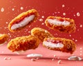 Crispy Fried Chicken Wings with Juicy Interior Floating with Sauce Splash on Vibrant Background Royalty Free Stock Photo