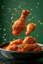 Crispy Fried Chicken Wings Soaring Above Bowl with Honey Glaze and Seasoning on Dark Background Royalty Free Stock Photo