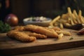 crispy fried fish strips with french fries on rustic wooden table. AI generated