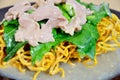 Crispy fried noodle with pork soaked in gravy