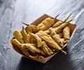 Crispy fried okra in container