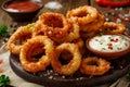 Crispy Fried Onion Rings with Dipping Sauces on Wooden Table