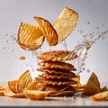 Crispy fried potato chips, popular snack, dynamic food photo