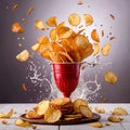 Crispy fried potato chips, popular snack, dynamic food photo