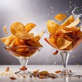 Crispy fried potato chips, popular snack, dynamic food photo