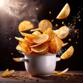 Crispy fried potato chips, popular snack, dynamic food photo