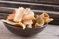 Crispy fried salmon skin on wood background