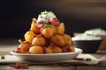 A satisfying and savory serving of loaded tater tots with bacon, cheese, and sour cream.Â  Royalty Free Stock Photo