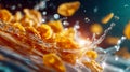Crispy golden cornflakes splashing dramatically in fresh milk with dynamic motion and bright lighting Royalty Free Stock Photo