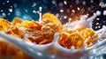 Crispy golden cornflakes splashing dramatically in fresh milk with dynamic motion and bright lighting Royalty Free Stock Photo