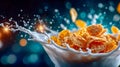 Crispy golden cornflakes splashing dramatically in fresh milk with dynamic motion and bright lighting Royalty Free Stock Photo