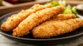 Crispy Golden Fried Fish Sticks on Black Plate with Fresh Greens Royalty Free Stock Photo