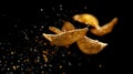 Crispy golden potato chips soaring against a black background, dynamic snack concept in low lighting. AI