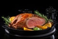 Crispy golden roast goose, expertly cooked in a sizzling pan, ready to tantalize your taste buds.