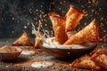 Crispy Golden Samosas Splashing into Creamy Sauce with Sesame Seeds in Dramatic Lighting on Dark Background