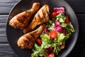Crispy grilled chicken legs and fresh vegetable salad close-up. Royalty Free Stock Photo