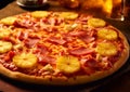 Crispy hawaiian pizza with pineapple slices and ham on wooden table.Macro.AI Generative