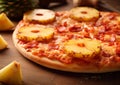 Crispy hawaiian pizza with pineapple slices and ham on wooden table.Macro.AI Generative
