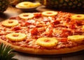 Crispy hawaiian pizza with pineapple slices and ham on wooden table.Macro.AI Generative