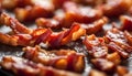 Crispy hot fried bacon pieces closeup