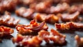 Crispy hot fried bacon pieces closeup