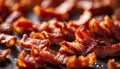 Crispy hot fried bacon pieces closeup