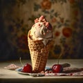 Crispy ice cream cone with creamy refreshing ice cream ball. Generative AI.