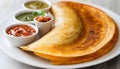 Crispy indian dosa with assorted chutneys on a white plate Royalty Free Stock Photo
