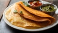 Crispy indian dosa with assorted chutneys on a white plate Royalty Free Stock Photo