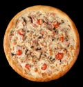 Crispy Italian delicious pizza on a black background, pizza ingredients