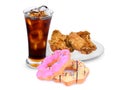 Crispy kentucky fried chicken with fresh coke and donut isolated on white background