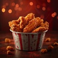 Crispy Kentucky fried chicken piled high in a bucket