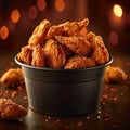 Crispy Kentucky fried chicken piled high in a bucket