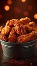 Crispy Kentucky fried chicken piled high in a bucket