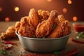 Crispy Kentucky fried chicken piled high in a bucket