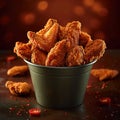 Crispy Kentucky fried chicken piled high in a bucket